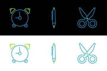 Poster - Set line Scissors, Alarm clock and Pen icon. Vector