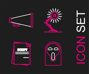 Poster - Set line Funny and scary ghost mask, Scenario, Table lamp and Megaphone icon. Vector