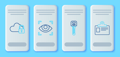 Poster - Set line Eye scan, Key, Cloud computing lock and Identification badge icon. Vector