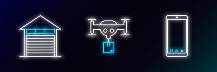 Poster - Set line Mobile phone with app delivery tracking, Closed warehouse and Delivery drone the package icon. Glowing neon. Vector