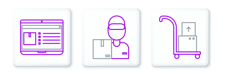Poster - Set line Hand truck and boxes, Laptop with app delivery tracking and Delivery man cardboard icon. Vector