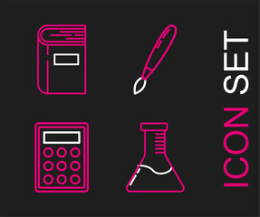 Poster - Set line Test tube and flask chemical laboratory, Calculator, Paint brush and Book icon. Vector