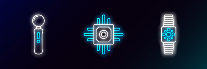 Poster - Set line Smartwatch, Gamepad and Processor icon. Glowing neon. Vector