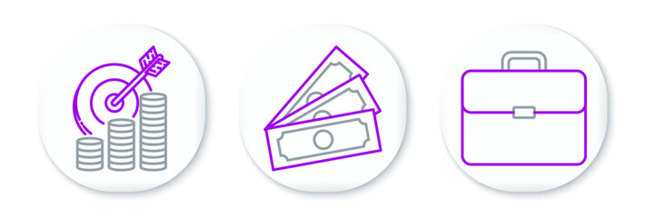 Poster - Set line Briefcase, Target with coin symbol and Stacks paper money cash icon. Vector