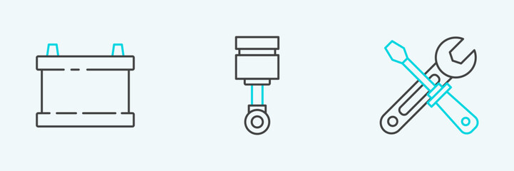 Poster - set line screwdriver and wrench tools, car battery and engine piston icon. vector
