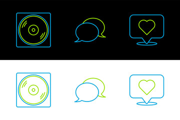 Poster - Set line Like and heart, Vinyl disk and Speech bubble chat icon. Vector