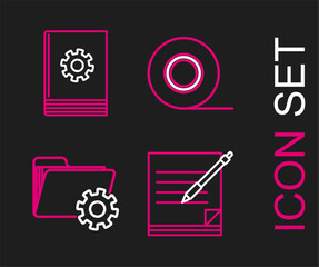 Poster - Set line Blank notebook and pen, Folder settings with gears, Scotch and User manual icon. Vector