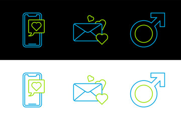 Poster - Set line Male gender symbol, Smartphone with heart speech bubble and Envelope icon. Vector