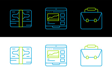 Poster - Set line Briefcase, Stacks paper money cash and Trading courses icon. Vector