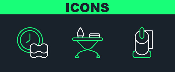 Poster - Set line Toilet paper roll, Washing dishes and Iron and ironing board icon. Vector