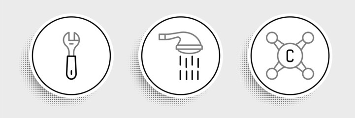 Sticker - Set line Water tap, Wrench spanner and Shower icon. Vector