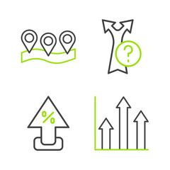 Poster - Set line Pie chart infographic, Percent up arrow, Arrow and Location icon. Vector