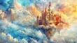 The image is a beautiful depiction of a castle floating in the sky. The castle is surrounded by clouds and has a rainbow over it.