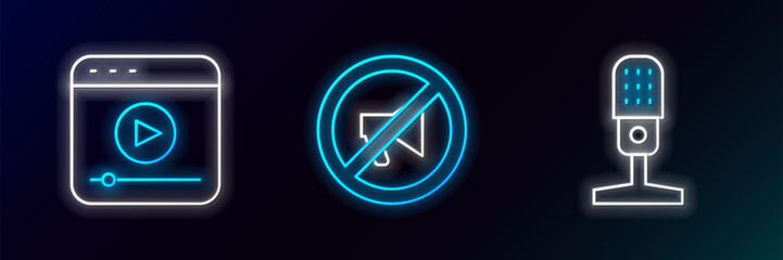 Poster - set line microphone, live stream and censored stamp icon. glowing neon. vector