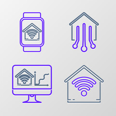 Poster - Set line Smart home with wi-fi, Computer monitor smart, and watch icon. Vector
