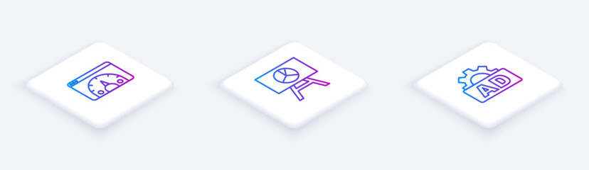 Poster - Set Isometric line Website statistic, Board with graph chart and Advertising. White square button. Vector