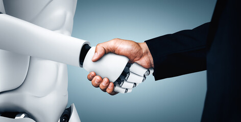 Poster - mlp 3d illustration humanoid robot handshake to collaborate future technology development by ai thin