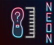 Glowing neon line Square measure foot size icon isolated on black background. Shoe size, bare foot measuring. Colorful outline concept. Vector