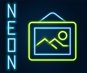 Poster - Glowing neon line Picture landscape icon isolated on black background. Colorful outline concept. Vector