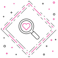 Poster - Line Search heart and love icon isolated on white background. Magnifying glass with heart inside. Happy Valentines day. Colorful outline concept. Vector