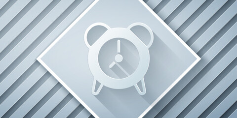 Poster - Paper cut Alarm clock icon isolated on grey background. Wake up, get up concept. Time sign. Paper art style. Vector