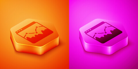 Poster - Isometric Music wave equalizer icon isolated on orange and pink background. Sound wave. Audio digital equalizer technology, console panel, pulse musical. Hexagon button. Vector