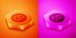 Isometric Earth element of the symbol alchemy icon isolated on orange and pink background. Basic mystic elements. Hexagon button. Vector