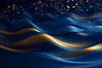 Wall Mural - golden abstract bokeh, waves and particles on blue background. celebrating christmas, new year or ot