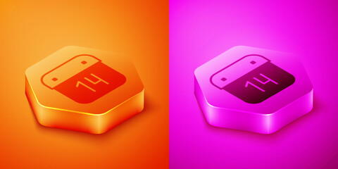 Poster - Isometric Calendar with February 14 icon isolated on orange and pink background. Valentines day. Love symbol. Hexagon button. Vector