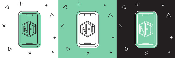 Poster - Set Mobile with art store app icon isolated on white and green, black background. Technology of selling NFT tokens for cryptocurrency. Non fungible token. Vector