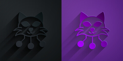 Poster - Paper cut NFT Digital crypto art icon isolated on black on purple background. Non fungible token. Paper art style. Vector