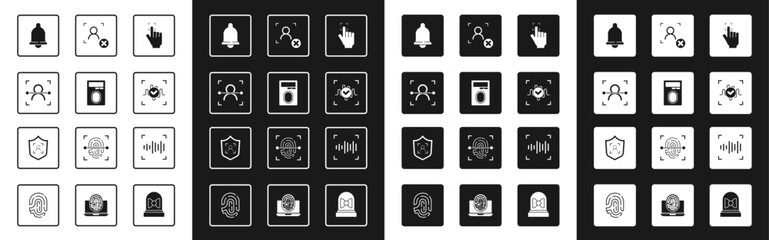 Poster - Set Fingerprint, with lock, Face recognition, Motion sensor, Voice, Rejection face, and Shield icon. Vector
