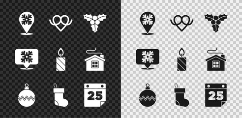 Poster - Set Snowflake, Pretzel, Branch viburnum, Christmas ball, stocking, Calendar, speech bubble and Burning candle icon. Vector