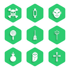 Wall Mural - Set Witches broom, Owl, Tombstone with cross, Neptune Trident, Bomb ready explode, Lollipop, Vampire and Skull crossbones icon. Vector