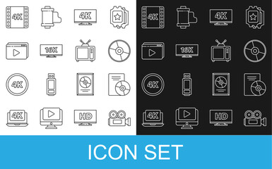Poster - Set line Cinema camera, CD or DVD disk, Screen tv with 4k, 16k, Online play video, movie, tape, frame and Retro icon. Vector