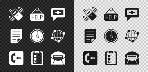 Poster - Set Mobile phone, Signboard with text Help, Stacks paper money cash, Incoming call, Online quiz, test, survey, Mail and e-mail, File document and Clock icon. Vector