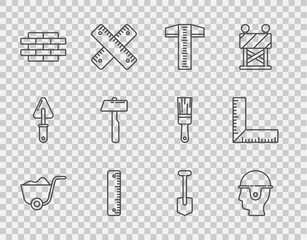 Wall Mural - Set line Shovel, Worker safety helmet, T-square line, Ruler, Bricks, Hammer, and Corner ruler icon. Vector