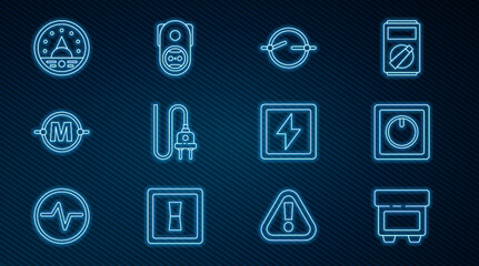 Poster - Set line Fuse, Electric light switch, circuit scheme, plug, Ampere meter, multimeter, voltmeter, Lightning bolt and Electrical outlet icon. Vector