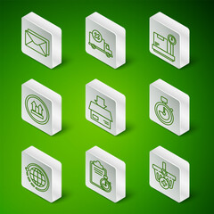 Poster - Set line Add to Shopping basket, Verification of delivery list clipboard, Envelope, Carton cardboard box, This side up, Delivery cargo truck vehicle, Worldwide shipping and and Stopwatch icon. Vector