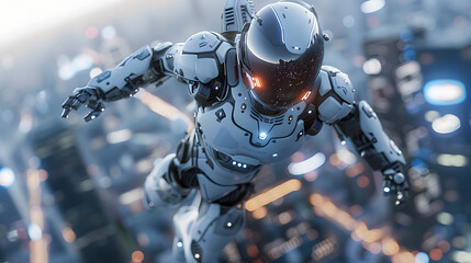 Wall Mural - The robot or cyborg woman in the superhero iron suit is flying over a futuristic city. The character has a jetpack rocket engine and is riding a cyborg jetpack. The robot woman flies overhead.