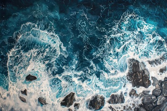Electric blue ocean waves crashing onto shore from aerial view