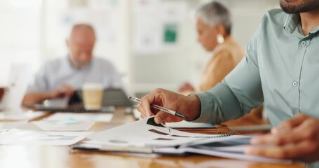 Aufkleber - Hands, writing and business people with documents in office for financial, report and budget, savings or review. Economy, paperwork and accounting team with portfolio for investment plan compliance