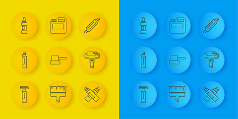Poster - Set line Marker pen, Spray can nozzle cap, Paint roller brush, and Paint, gouache, jar, dye icon. Vector