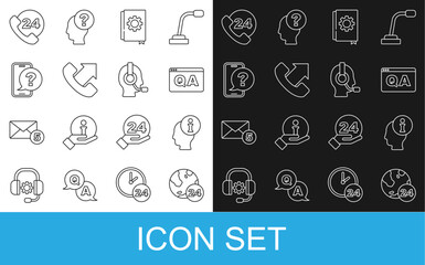 Poster - Set line Telephone 24 hours support, Information, Question and Answer, User manual, and Man with headset icon. Vector