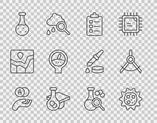 Poster - Set line Atom, Virus, To do list or planning, Graduation cap, Test tube, Gauge scale, and Drawing compass icon. Vector