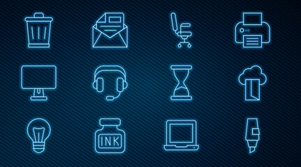 Poster - Set line Marker pen, Cloud database, Office chair, Headphones, Computer monitor, Trash can, Old hourglass and Mail and e-mail icon. Vector