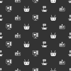 Poster - Set Electronic scales, Identification badge, Shopping cart computer and basket on seamless pattern. Vector