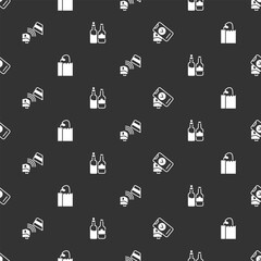 Poster - Set POS terminal, Paper bag with bread loaf, credit card and Whiskey bottle on seamless pattern. Vector