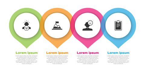 Poster - Set Psychology, Mountains with flag on top, Sad and depressed man, bad mood and Psychological test. Business infographic template. Vector