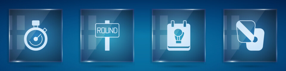 Poster - Set Stopwatch, Boxing ring board, glove and training paws. Square glass panels. Vector